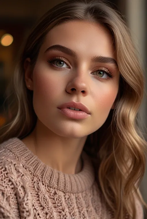 16. Soft Rose Gold Makeup with a Cozy Sweater