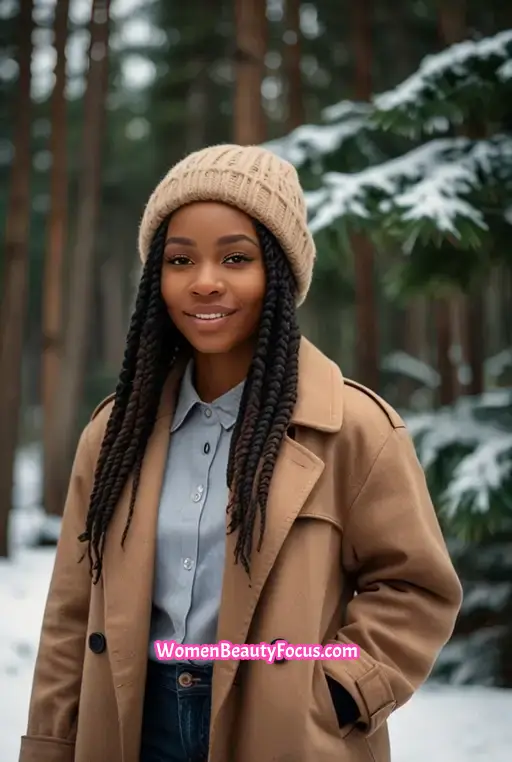 5. Long Senegalese Twists with a Wool Hat