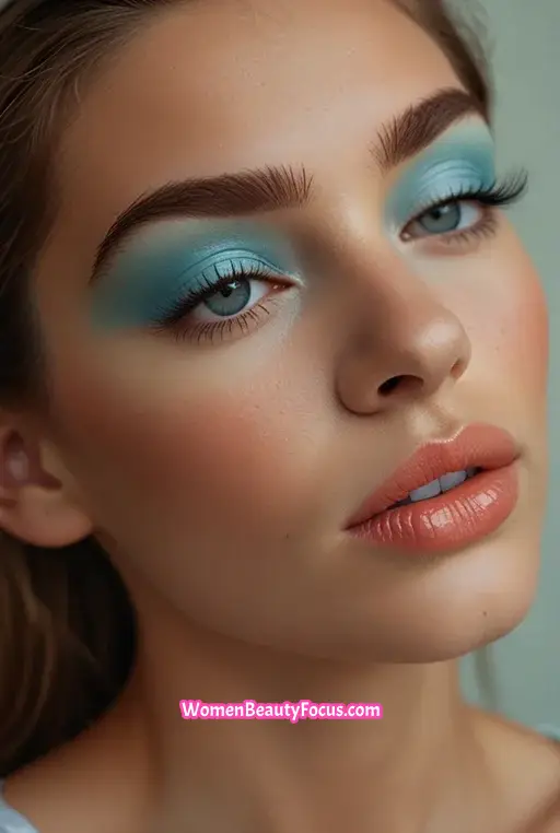 14. Light Blue Eyeshadow with Coral Lips