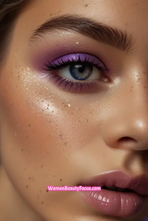 14. Radiant Skin with Purple Glitter Eyeshadow
