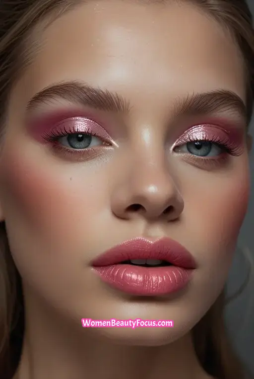14. Shimmery Silver Eyes with Bright Pink Cheeks