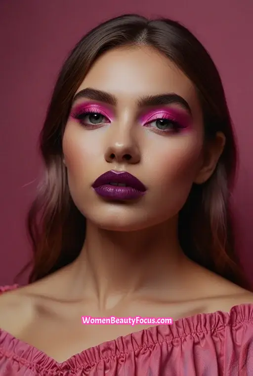 15. Bold Pink Eyeshadow with Glossy Black Lips