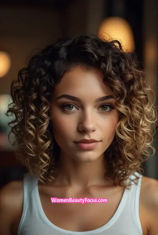 16. Curly Lob with Blonde Highlights