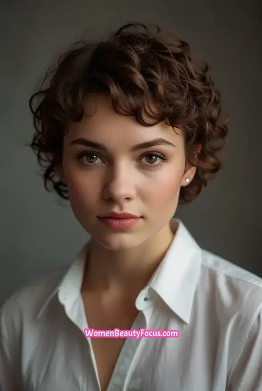 2. Curly Pixie Cut with Side Swept Bangs