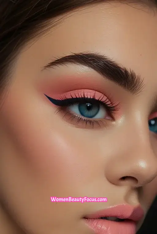 20. Bold Blue Eyeshadow with Coral Cheeks