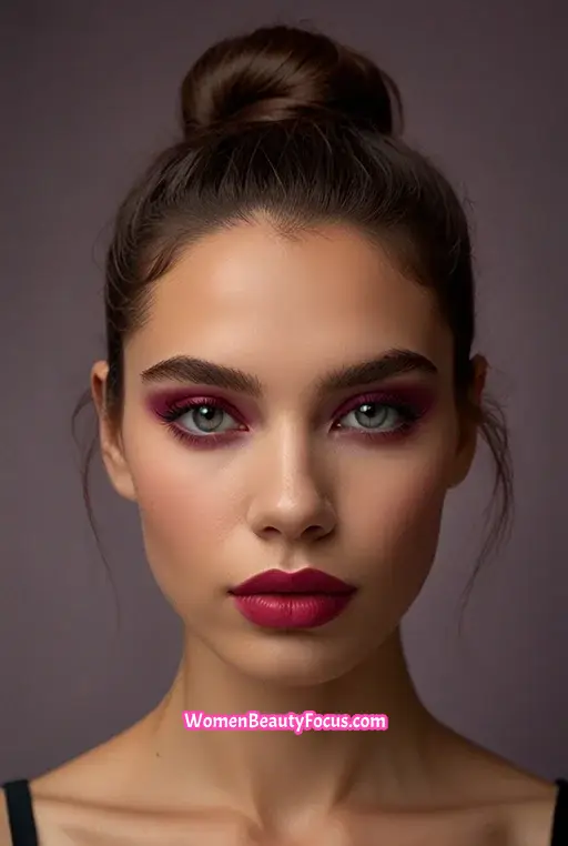 20. Bright Coral Eyeshadow with Deep Plum Lips
