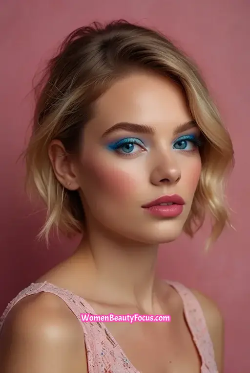 21. Bright Blue Eyeshadow with Bold Pink Lips