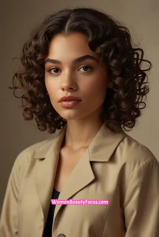 23. Curly Blunt Cut with Side Part
