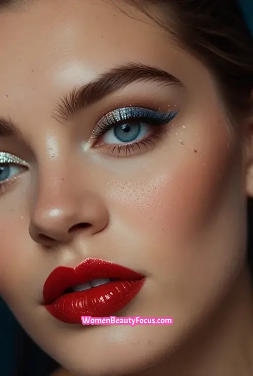 3. Glittering Blue Eyeshadow with Bold Red Lips