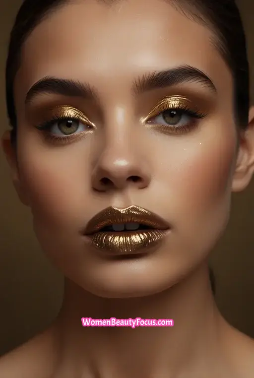 3. Shimmering Gold Eyeshadow with Matte Black Lips