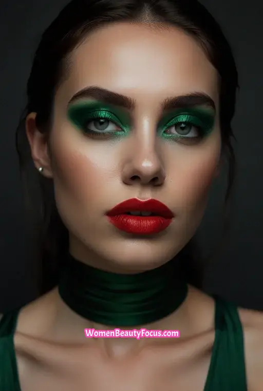 6. Metallic Green Eyes with Deep Red Lipstick
