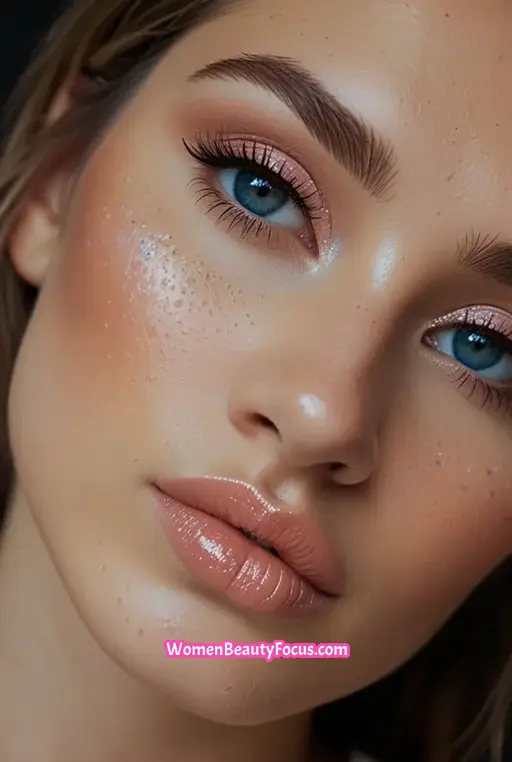 7. Blue Glitter Liner with Dewy Skin