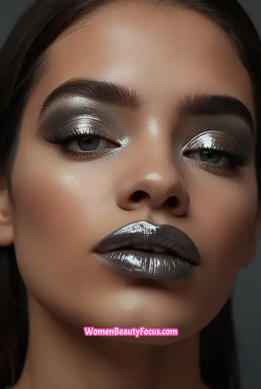 7. Metallic Silver Eyes with Black Glossy Lips