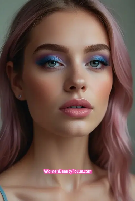 8. Bold Blue Eyeshadow with Soft Pink Lips