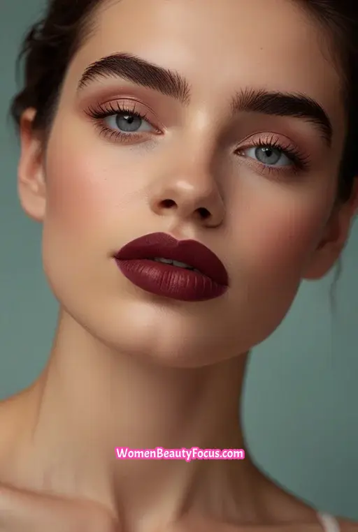 8. Deep Burgundy Lips with Defined Brows
