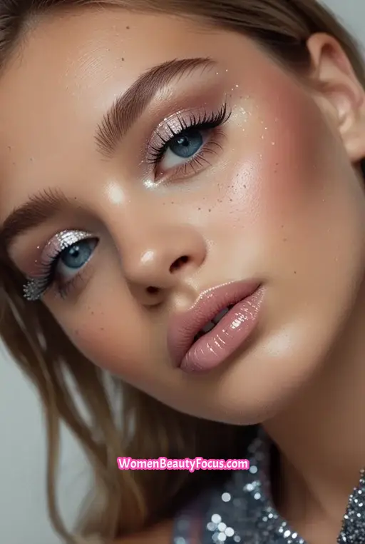 9. Blue and Silver Glitter Eyes with Soft Pink Lips