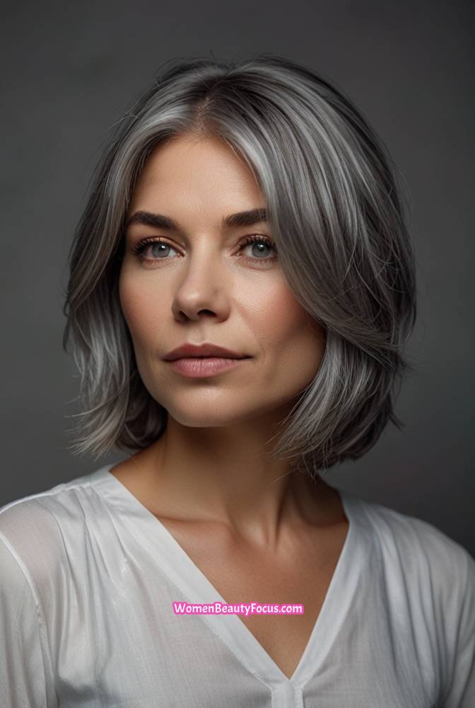 10. Layered Grey Bob with Soft Waves