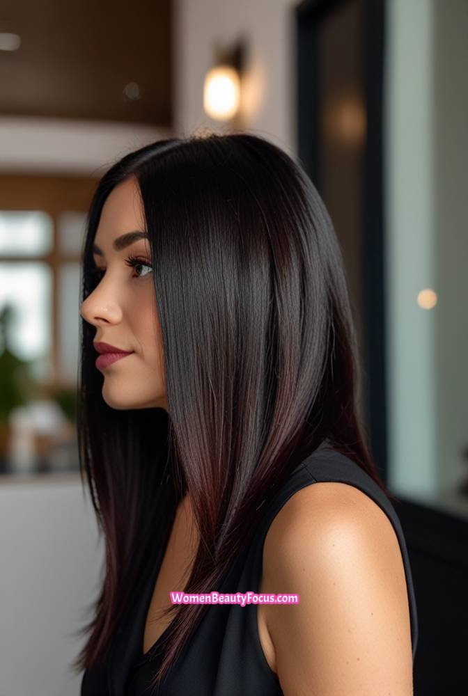 12. Black Hair with Wine Red Peekaboo Highlights