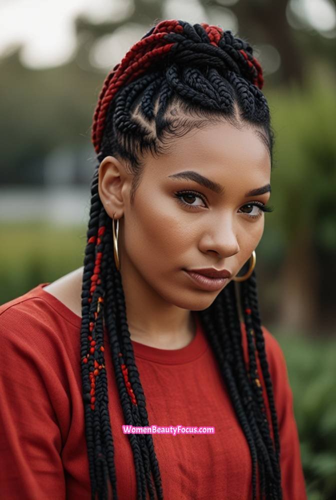 13. Braided Black Hair with Red Accents
