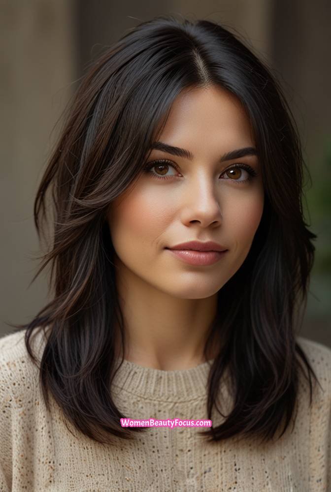 14. Layered Black Hair with Subtle Auburn Highlights