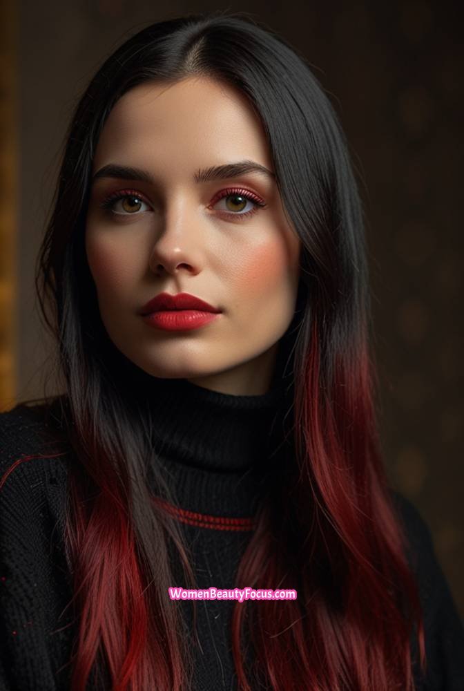 15. Jet Black Hair with Ruby Red Highlights