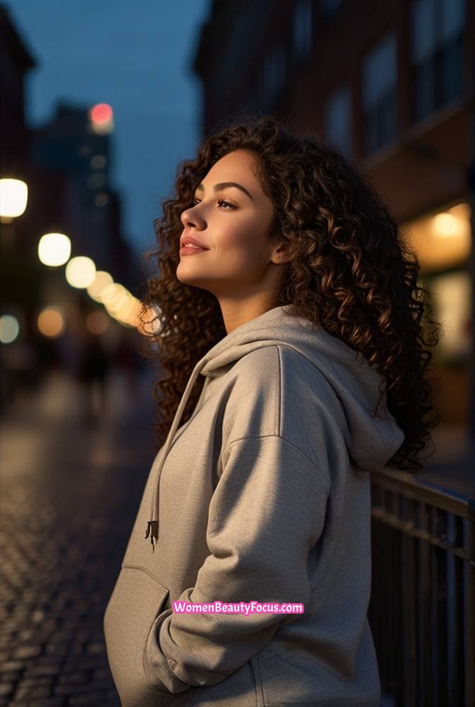 16. Long Voluminous Curls with a Hoodie