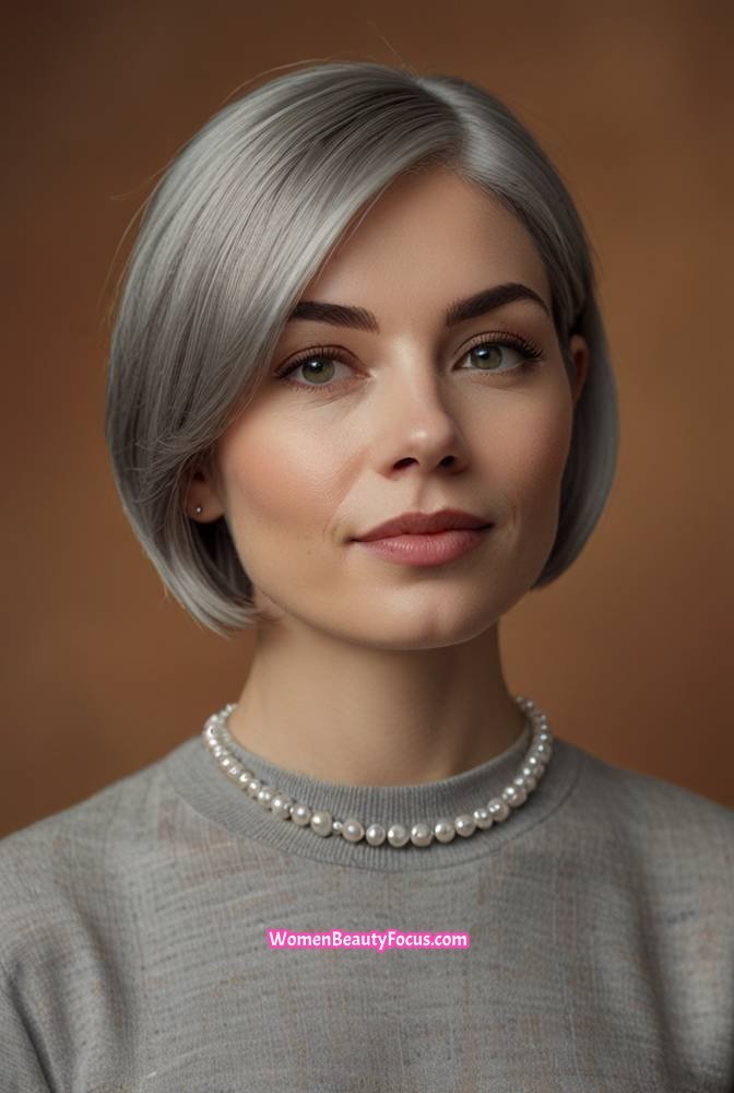 18. Classic Short Grey Bob with Ear Tuck