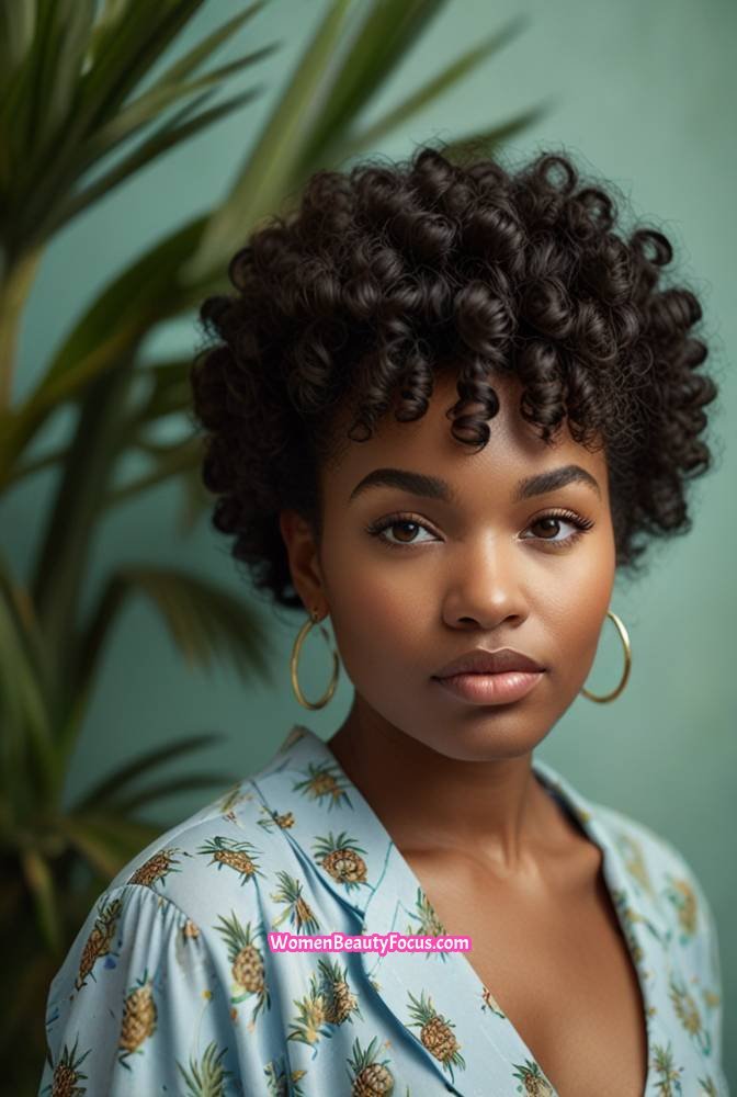 18. Pineapple Updo with Curly Bangs