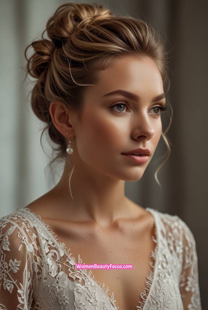 18. Soft Romantic Updo with Wispy Strands
