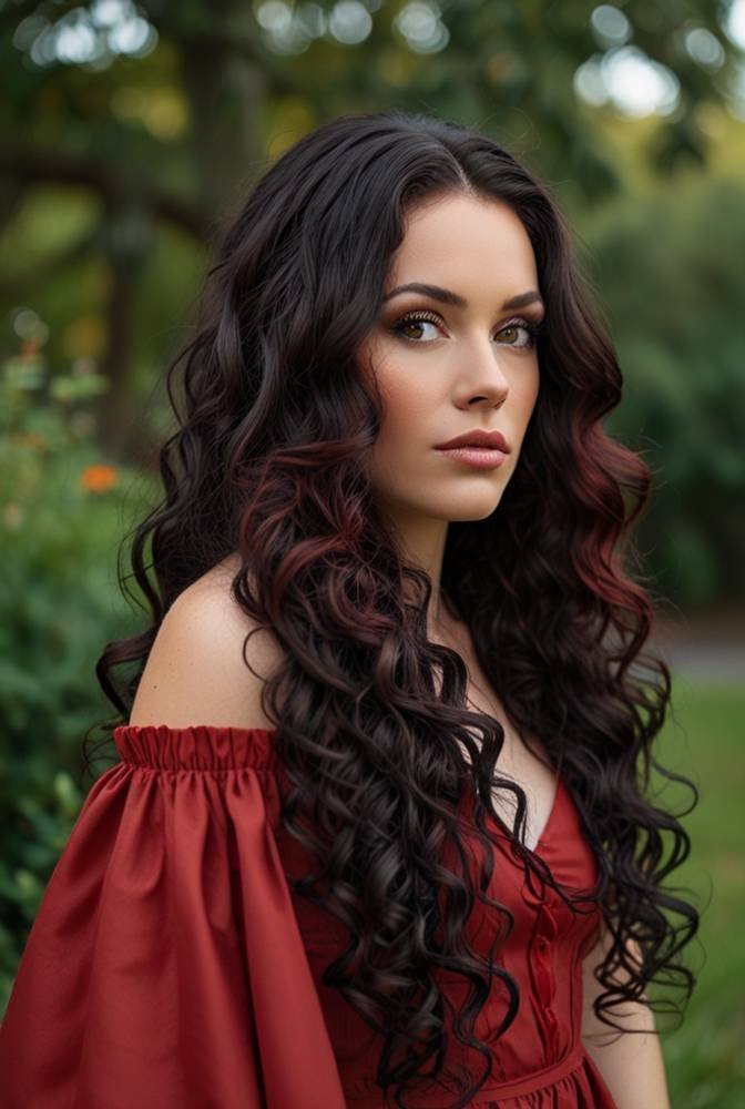 19. Loose Black Curls with Scarlet Red Highlights