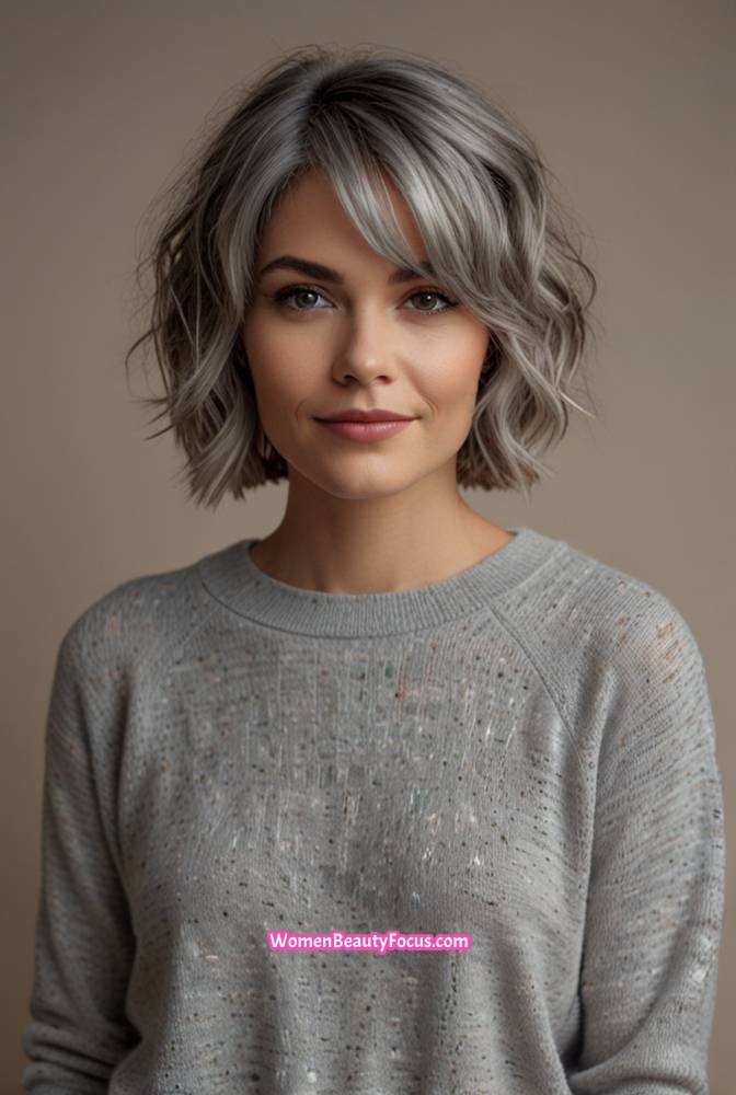 2. Wavy Grey Bob with Side Bangs