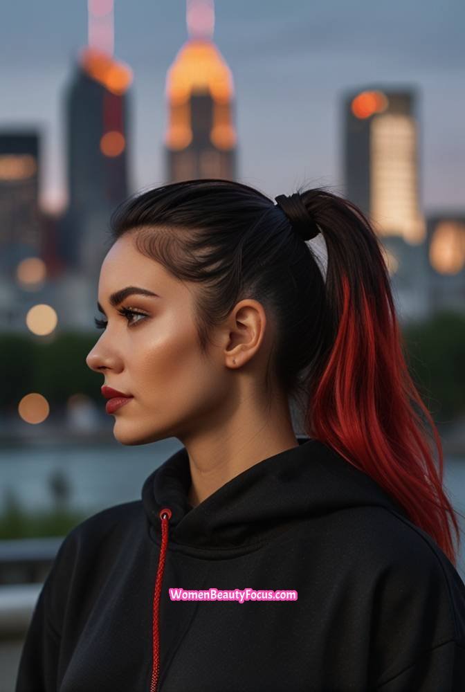 20. Black Hair with Bold Red Streaks in a Half-Up Style