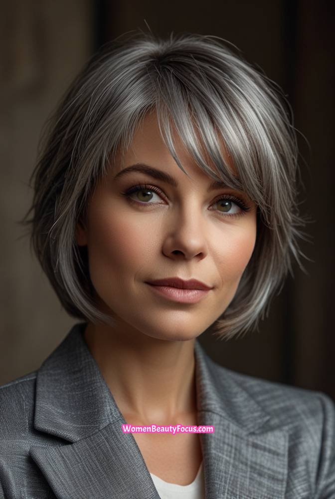 21. Feathered Grey Bob with Side-Swept Bangs