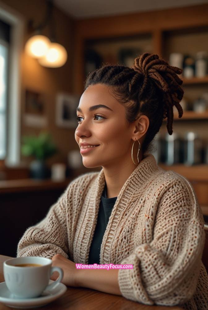 22. Chest-Length Locs with a Messy Bun and Loose Strands