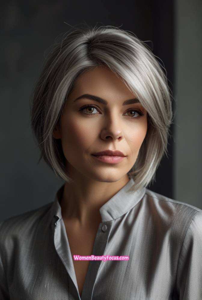 22. Textured Grey Bob with Deep Side Part