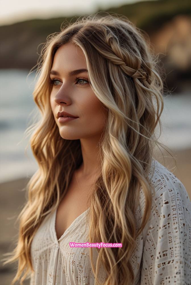 23. Tousled Beach Waves with a Side Braid