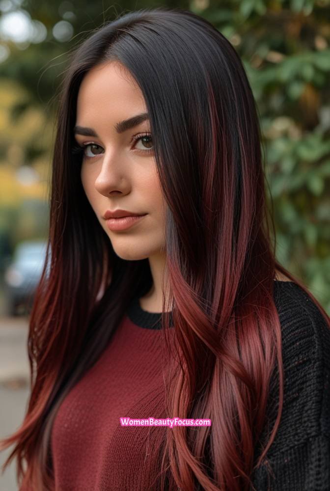 3. Long Black Hair with Cherry Red Balayage