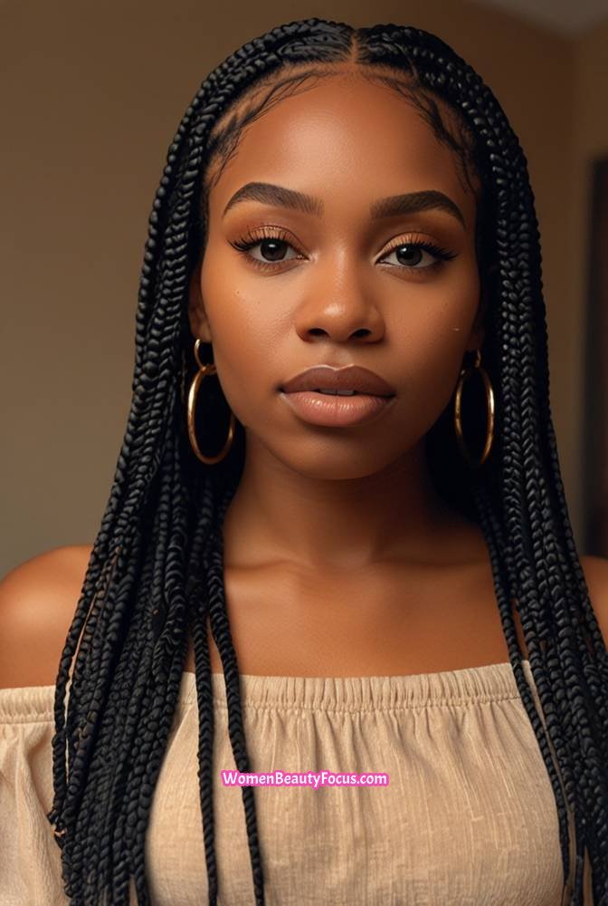 3. Long Box Braids with Golden Beads