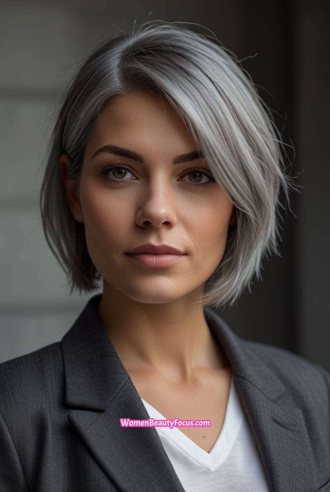 7. Asymmetrical Grey Bob with Dark Roots