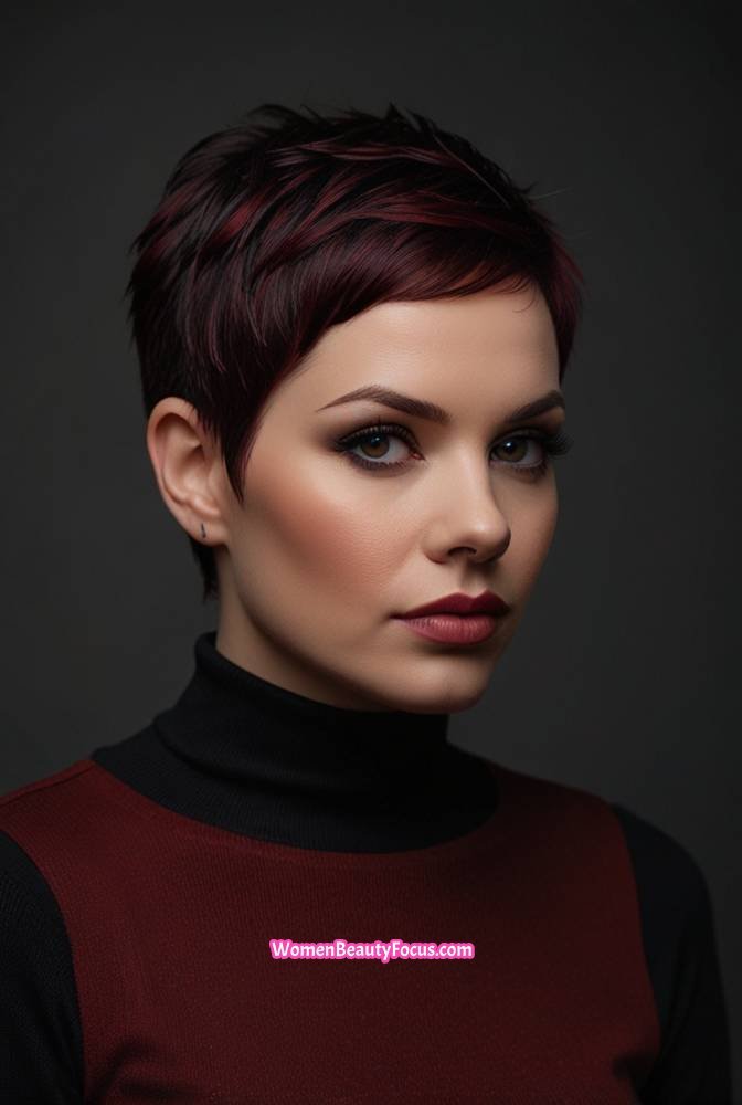 8. Short Pixie Cut with Burgundy Red Highlights