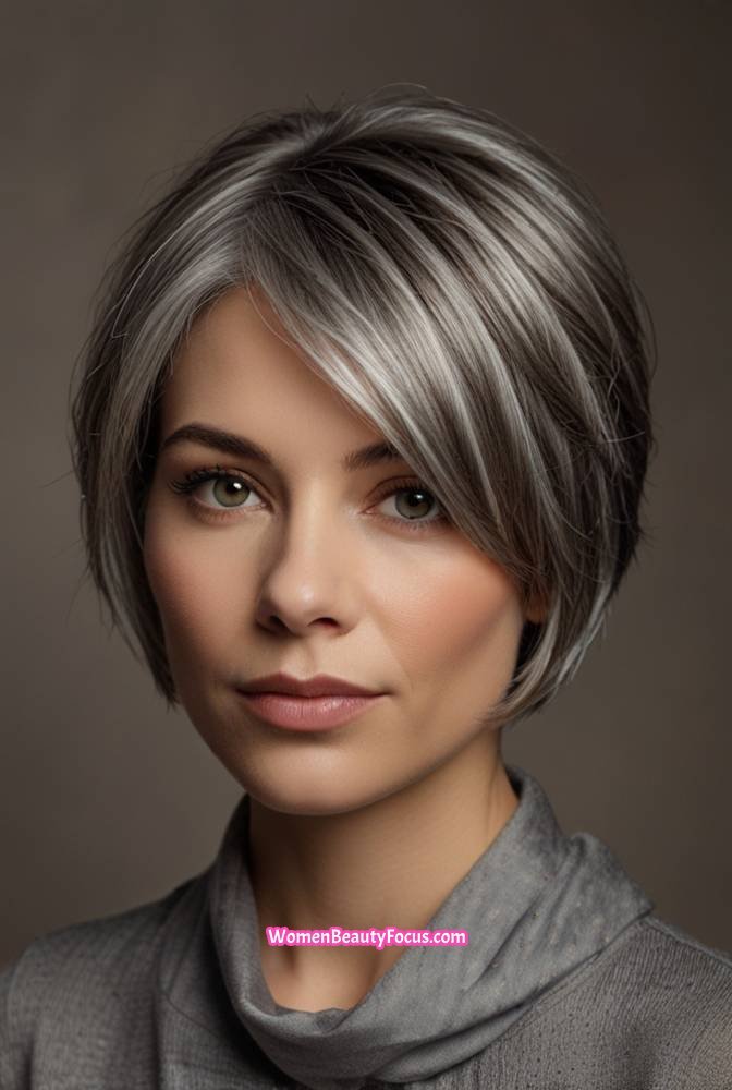 9. Short Grey Bob with Face-Framing Highlights_