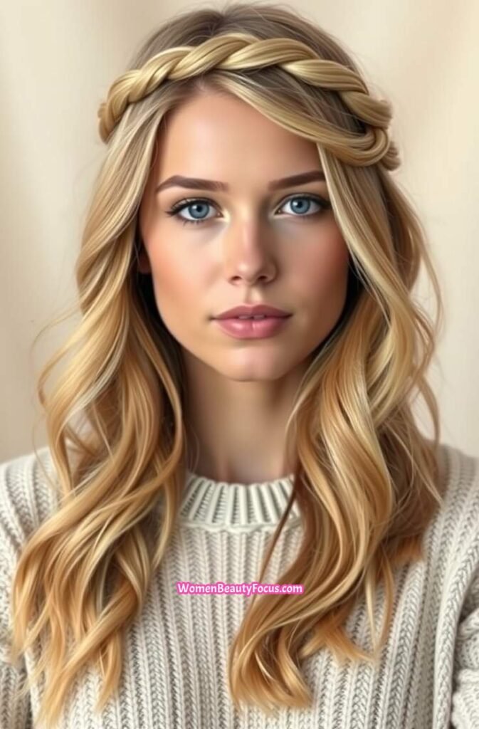 1. Boho Braided Crown with Loose Waves Front View