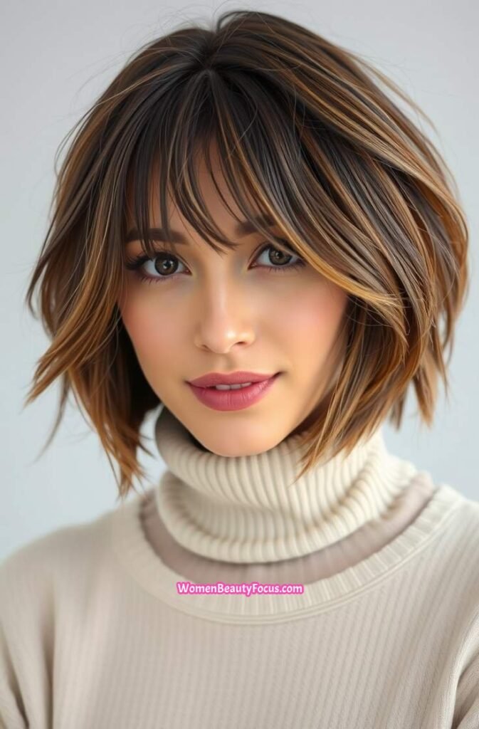 1. Chic Layered Lob with Curtain Bangs Front View