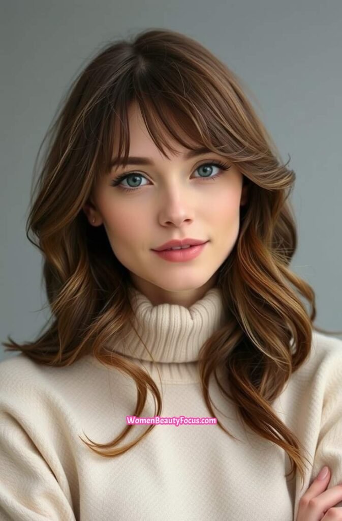 1. Classic Curtain Bangs with Cascading Waves Front View