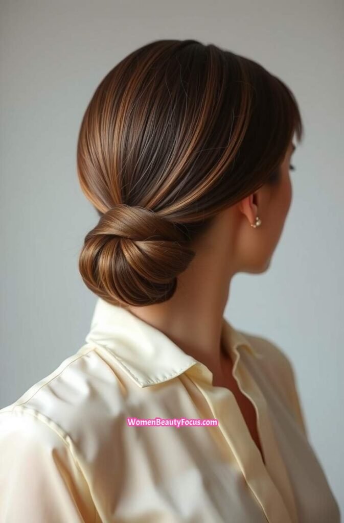1. Elegant Low Bun with Center Part Front View