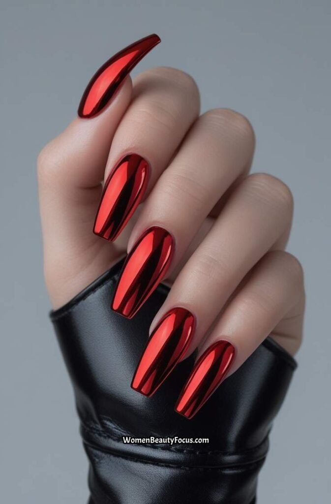 1. Fiery Red Chrome Coffin Nails