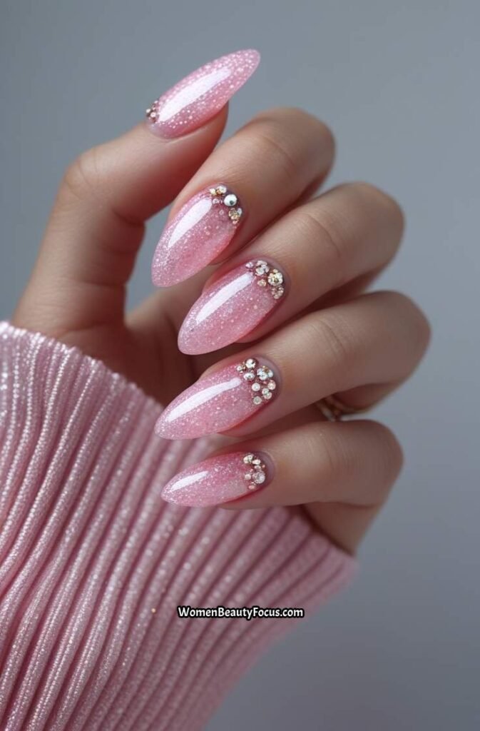 1. Glittery Pink Almond Nails with Rhinestone Accents