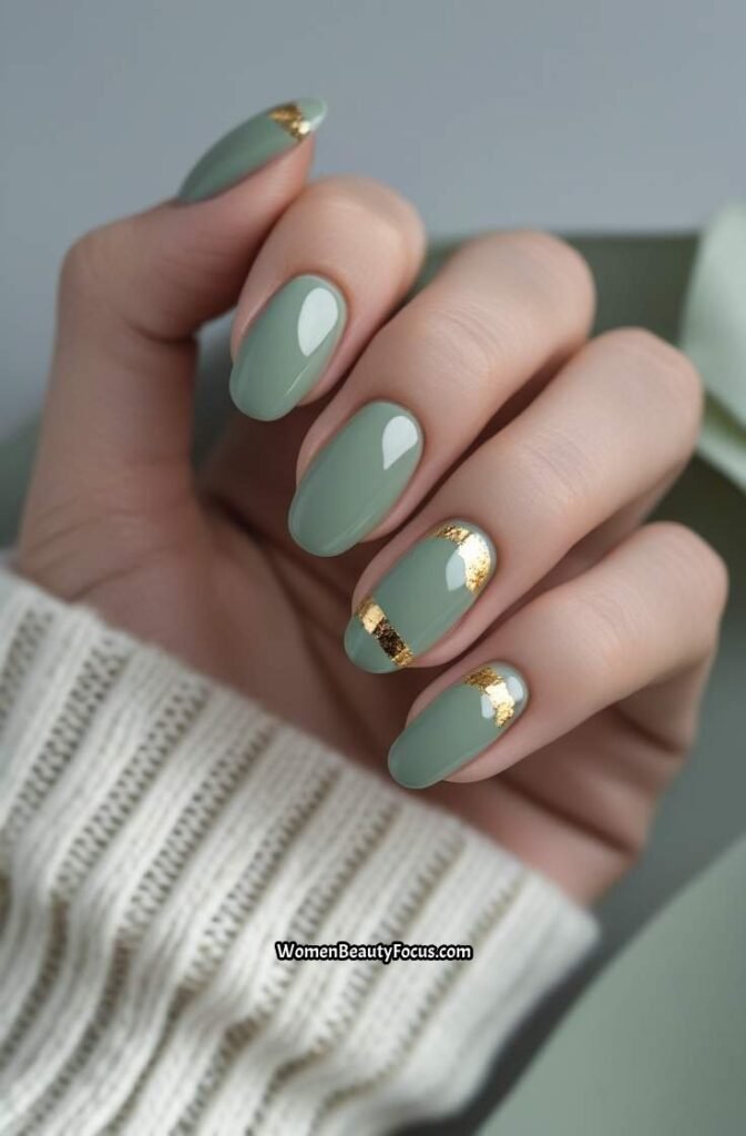 1. Glossy Sage Green Nails with Gold Foil