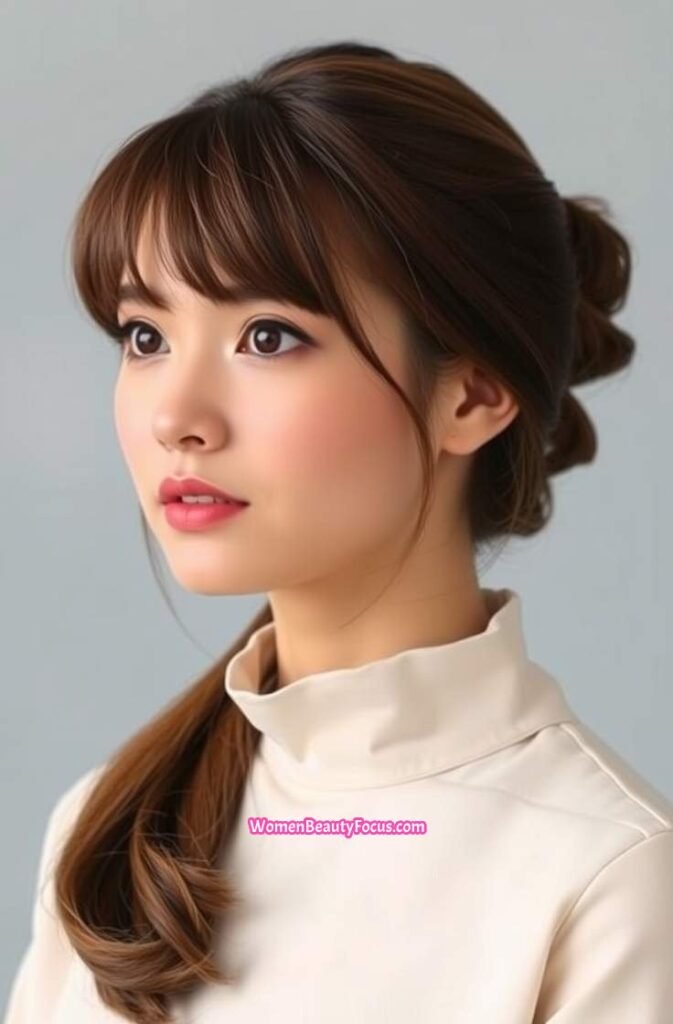 1. Low Ponytail with Curtain Bangs FrontStraight View