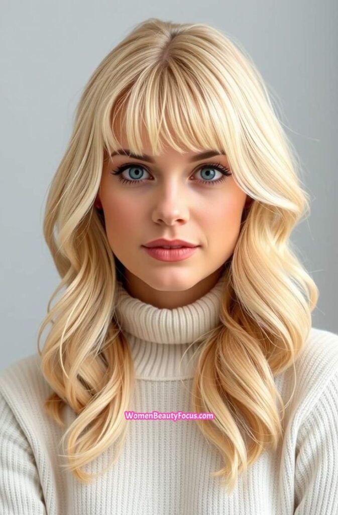1. Radiant Blonde Waves with Curtain Bangs FrontStraight View